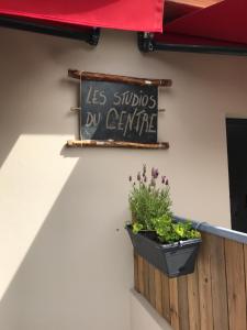 a sign on the side of a building with a plant at Les studios du Centre in La Teste-de-Buch