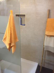 a shower with a towel hanging on a glass door at Tiagos Apartament in Faro