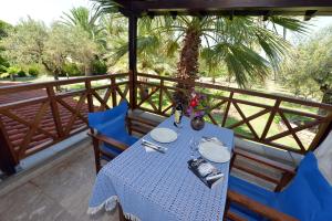 a table and chairs on a balcony with a palm tree at Haus Katerina in Vourvourou