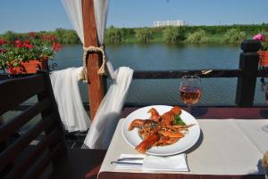 a plate of food on a table with a glass of wine at Lacul Racilor in Olimp