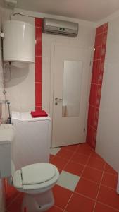 a bathroom with a white toilet and a red tile floor at Apartment Vladka Koper in Koper