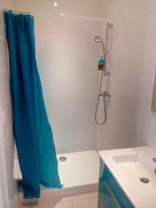 eine Dusche mit blauem Duschvorhang neben einem Waschbecken in der Unterkunft Bedroom Agde 34300 in Agde