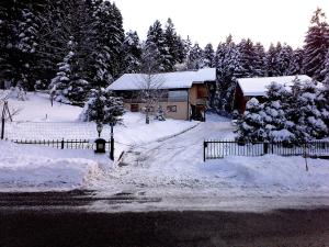 een huis bedekt met sneeuw naast een hek bij Apartment Medo in Ravna Gora