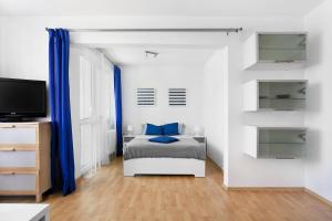 グディニャにあるApartament Morskiのベッドルーム(青い枕のベッド1台、テレビ付)