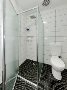 a bathroom with a toilet and a shower stall at Frankston Motel in Frankston