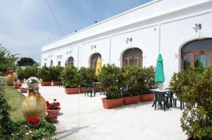 a white building with tables and chairs and potted plants at La Piccola Masseria in Cisternino