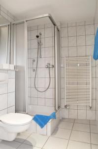 a bathroom with a shower and a toilet at Hotel Willinger Mitte in Willingen