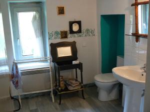 La salle de bains est pourvue de toilettes, d'un lavabo et d'un miroir. dans l'établissement Chambres d'hôtes la Graineterie, à Buxy