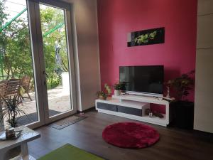 salon z telewizorem i czerwoną ścianą w obiekcie Apartment Adis w Szybeniku