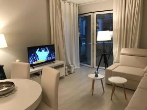 Televízia a/alebo spoločenská miestnosť v ubytovaní Widok na Mazury Apartament przy Porcie