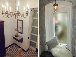 dos fotos de una habitación con una lámpara de araña y una habitación con una puerta en Loft 1728, en Lindau 17 fotos más