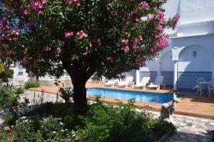 a tree with pink flowers next to a swimming pool at El Jardin BeNerja in Nerja