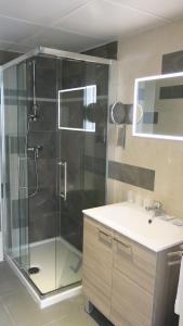 a bathroom with a glass shower and a sink at Appart'hotel le Pèlerin in Lourdes