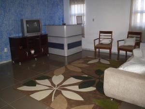 a living room with a couch and a tv at Pousada Canto da Maritaca in Resende Costa