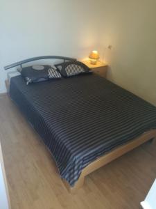 sypialnia z dużym łóżkiem i drewnianą podłogą w obiekcie Apartman Ante w mieście Murter