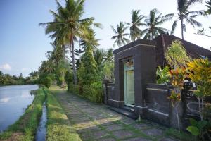 a building next to a river with palm trees at Villa Gede Private Guest House in Selemadeg