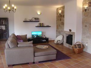 a living room with a couch and a fireplace at Casa de Campo Patio do Avo in Routar