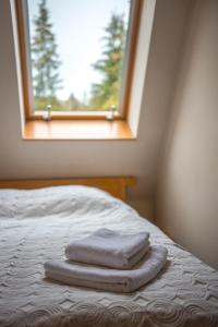 Säng eller sängar i ett rum på Pensjonat Reymontówka