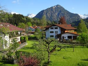 een dorp met een groene tuin met bergen op de achtergrond bij Ferienwohnungen Thannheimer in Oberstdorf