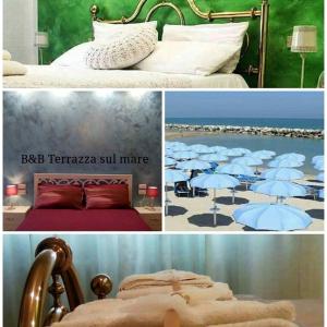 een collage van drie foto's van een bed met paraplu's bij Terrazza sul Mare in Fano