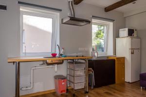a kitchen with a table and a refrigerator at Colourfull fence apartment in Liepāja