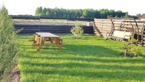 a picnic table in the grass in a yard at Irmos Apartamentai salia Klaipedos in Toleikiai