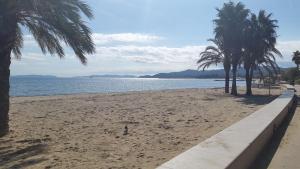 uma praia arenosa com palmeiras e o oceano em Les Cyclades em Le Lavandou