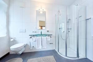 uma casa de banho com um WC e uma cabina de duche em vidro. em Hotel Restaurant Rathaus em Thun