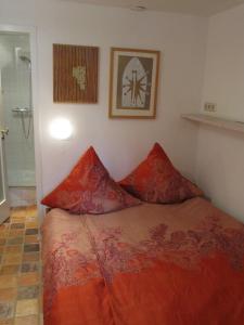 ein kleines Schlafzimmer mit einem Bett mit roten Kissen in der Unterkunft Kalkmarkt Suites in Amsterdam