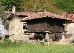 uma casa de pedra com uma janela e um telhado em La Casina de Celorio em Celorio