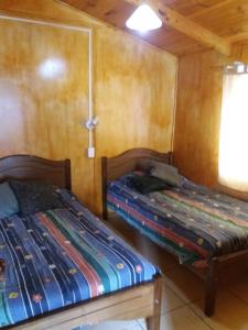 sypialnia z 2 łóżkami w pokoju z drewnianymi ścianami w obiekcie Puelche de Antuco w mieście Antuco