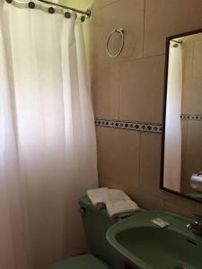 un bagno con un lavandino verde e uno specchio di Hostería Bilbao a Villarrica