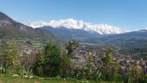 a view of a city with mountains in the background at Le Chalet Vue Mont-Blanc in Sallanches