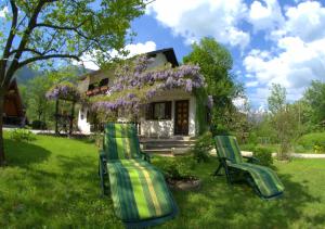 dos sillas y una casa con una corona de flores púrpuras en Apartma Bel, en Žaga