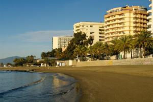 a beach with buildings and palm trees and the ocean at Ona Princesa Playa in Marbella