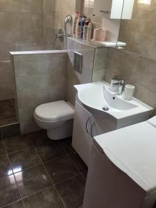 a bathroom with a white toilet and a sink at Apartment Nibim in Bijela