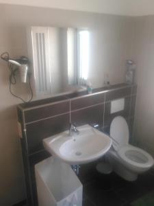 ein Badezimmer mit einem Waschbecken, einem WC und einem Spiegel in der Unterkunft Ferienwohnung zum Kletterturm in Kaufbeuren