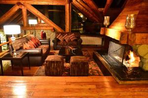 a living room with a couch and a fireplace at Dos Bahias Lake Resort in Villa La Angostura
