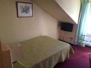 a small bedroom with a bed and a television at Hotel Elysée in Lyon