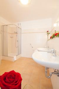 バート・ハルツブルクにあるHotel Victoriaのバスルーム(洗面台2台、床に赤いバラ付)