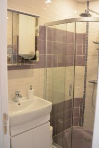 een badkamer met een wastafel en een douche bij City apartment Varna in Varna