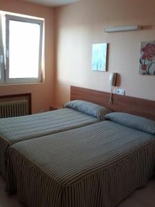 ein Schlafzimmer mit einem großen Bett und einem Fenster in der Unterkunft Hotel Buenos Aires in Villafría de Burgos