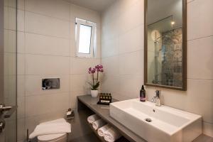 a bathroom with a sink and a toilet and a mirror at IRINI STALOS Apartments in Stalos