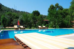 a large swimming pool with chairs and a table at Doga Apartments in Kayakoy