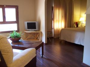 a hotel room with a bed and a television at Font del Pas in Beceite