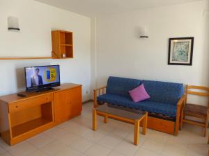 ラ・ピネーダにあるAromar Rentalmarのリビングルーム(青いソファ、テレビ付)