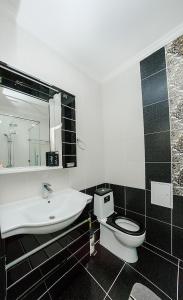 uma casa de banho com um lavatório branco e um WC. em Studio on Dostyq Street 5 floor 25 em Astana