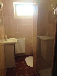 Un baño con ducha, lavabo e inodoro. en AndreaApartmanok, en Balatonfüred
