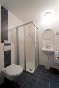 a bathroom with a shower and a toilet and a sink at Hôtel Oasis in Moutier