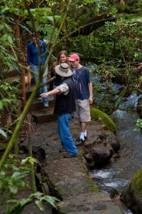 a group of people standing on a bridge over a stream at Finca Rosa Blanca Coffee Farm and Inn in Heredia